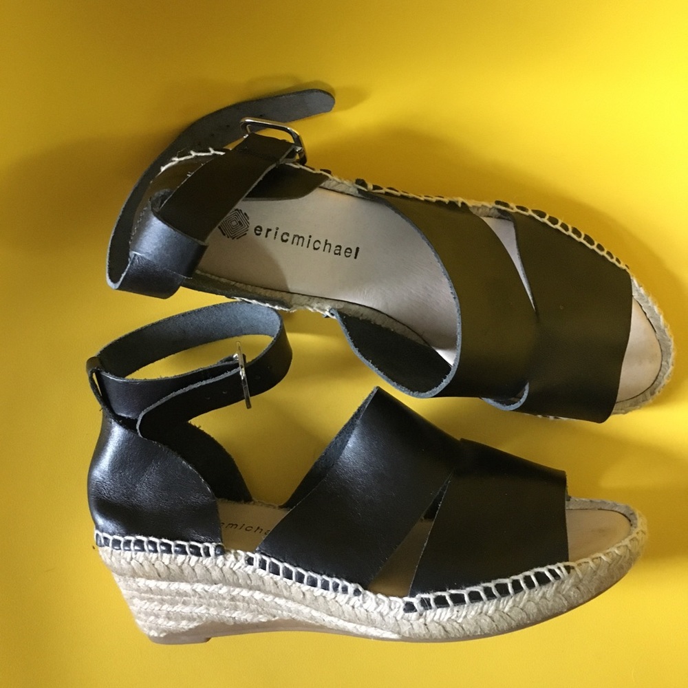 7.5 ericmichael Eric Michael Espadrilles Rope Leather wedge sandals  NEW black